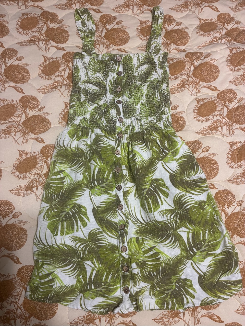 Chaser boho green palm leaf smocked linen mini dress size XS